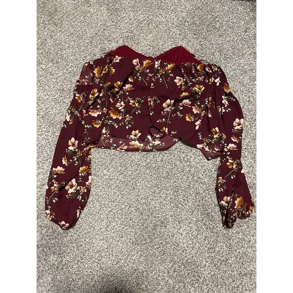 Vintage Womens Top Medium Maroon Floral Boned Off the Shoulder Cropped Romantic - Picture 4 of 7